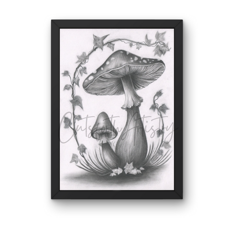 Detailed nature charcoal drawing of mushroom titled Mushroom Embrace by Cutsforth Artistry