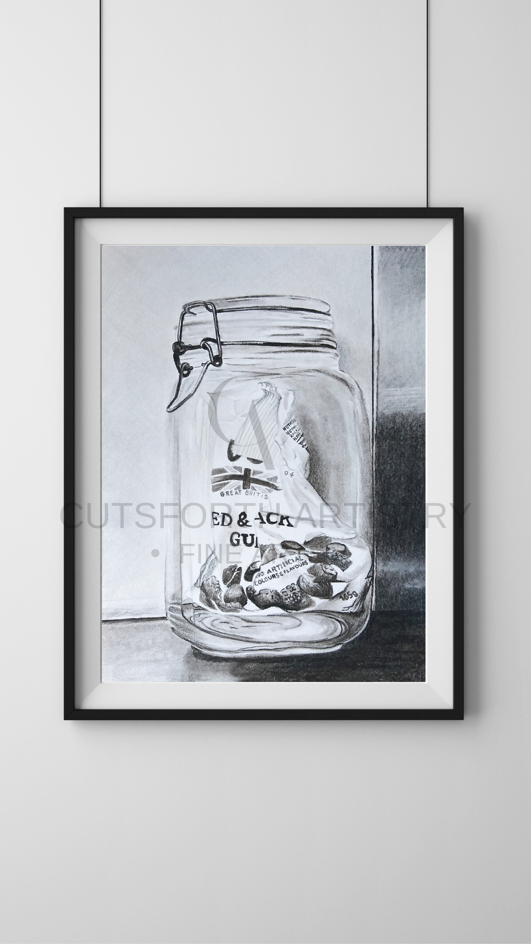 Charcoal drawing of a glass jar with a bag of sweets inside