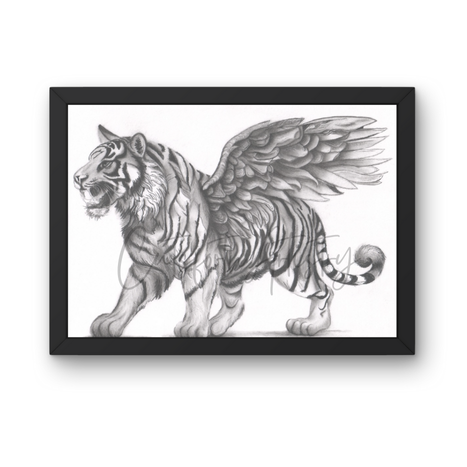 Majestic winged tiger fantasy charcoal drawing titled Sovereign of the Autumn by Cutsforth Artistry