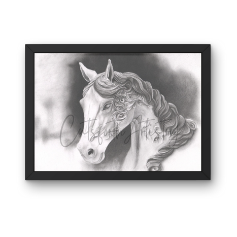 Dramatic charcoal drawing of a stone horse sculpture titled Stone Steed by Cutsforth Artistry